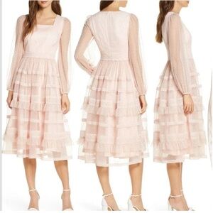 Rachel Parcell Pink Polka Dot Tiered Lace Midi Dress